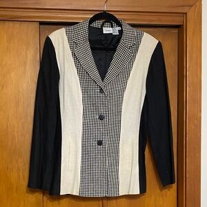 Vintage Black Cream Linen Cotton Blazer Jacket Colorblock Checkered P2P 19”